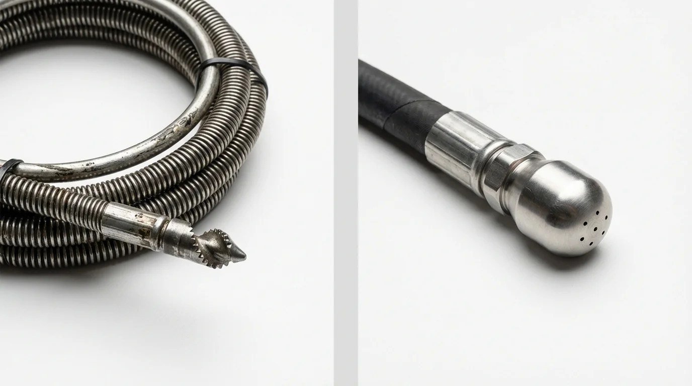 Drain snake cable and hydro jetting nozzle used for drain cleaning in Cheney, KS