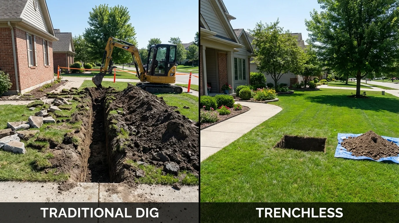 Trenchless sewer repair with minimal yard damage versus traditional excavation in Cheney, KS